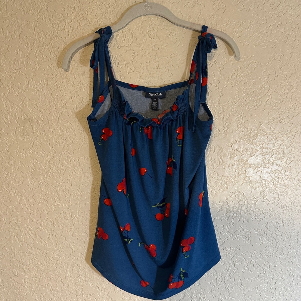 Modcloth Tank Top Womens Medium Blue Cherry Bomb Print Coquette 90 Kidcore Retro - Picture 6 of 14
